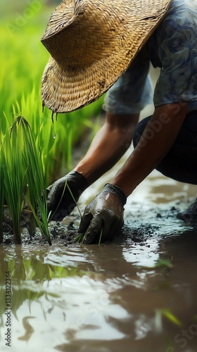 Person planting rice in a flooded field