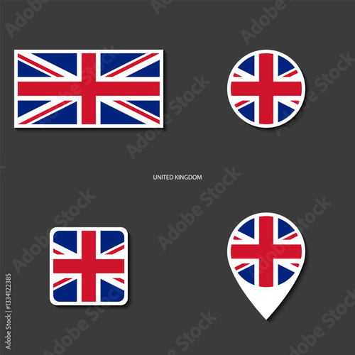 United Kingdom flag icon set in different shape (rectangle, circle, square and marker icon) on dark grey background. United Kingdom sticker icon collection on barely dark background