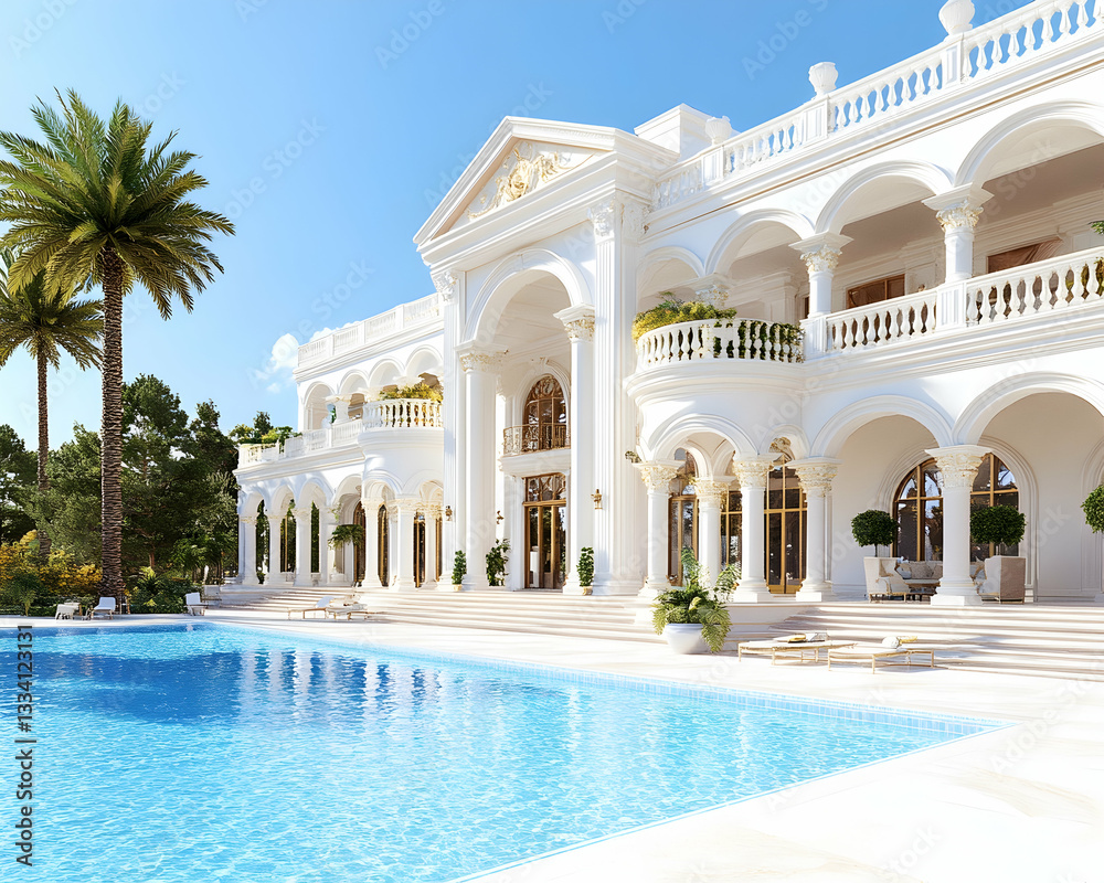 Luxurious white mansion with pool, palm trees, and classic architecture