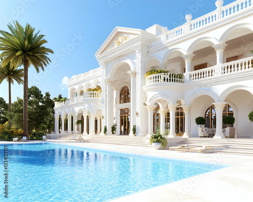 Obraz na płótnie Luxurious white mansion with pool, palm trees, and classic architecture w salonie