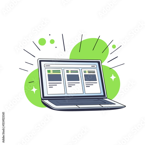 Laptop vector featuring an open screen displaying a webpage layout, symbolizing digital work, online browsing, and modern technology.