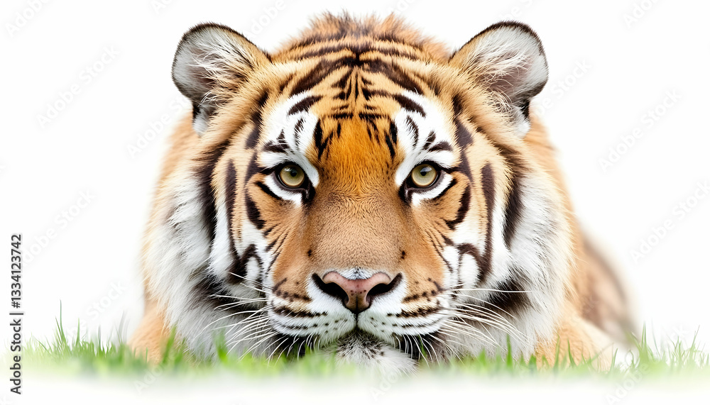 Fototapeta premium Majestic tiger lying in grass, intense gaze