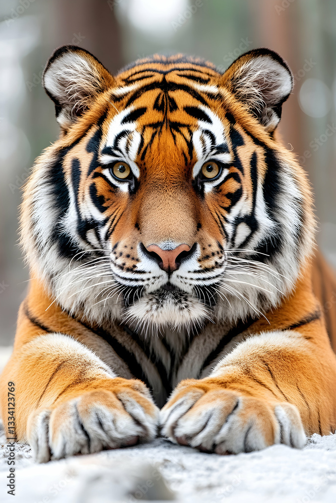 Fototapeta premium Majestic tiger portrait, intense gaze, orange fur, white paws, winter setting