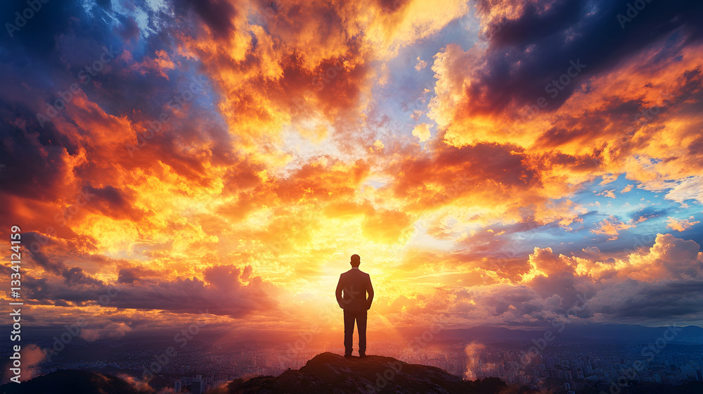 Fototapeta premium Man silhouetted against a vibrant sunset over a cityscape