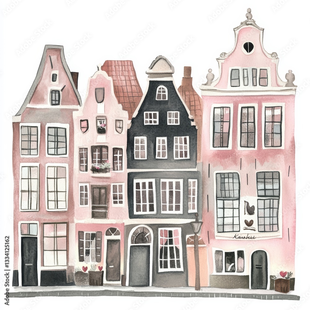 Fototapeta premium Delicate watercolor rendering of quaint old world houses with varying architectural elements, a row of unique building facades