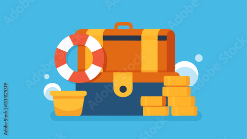 Emergency Fund A treasure chest overflowing with coins and a life preserver beside it representing the importance of having an emergency fund for unexpected drops in income.