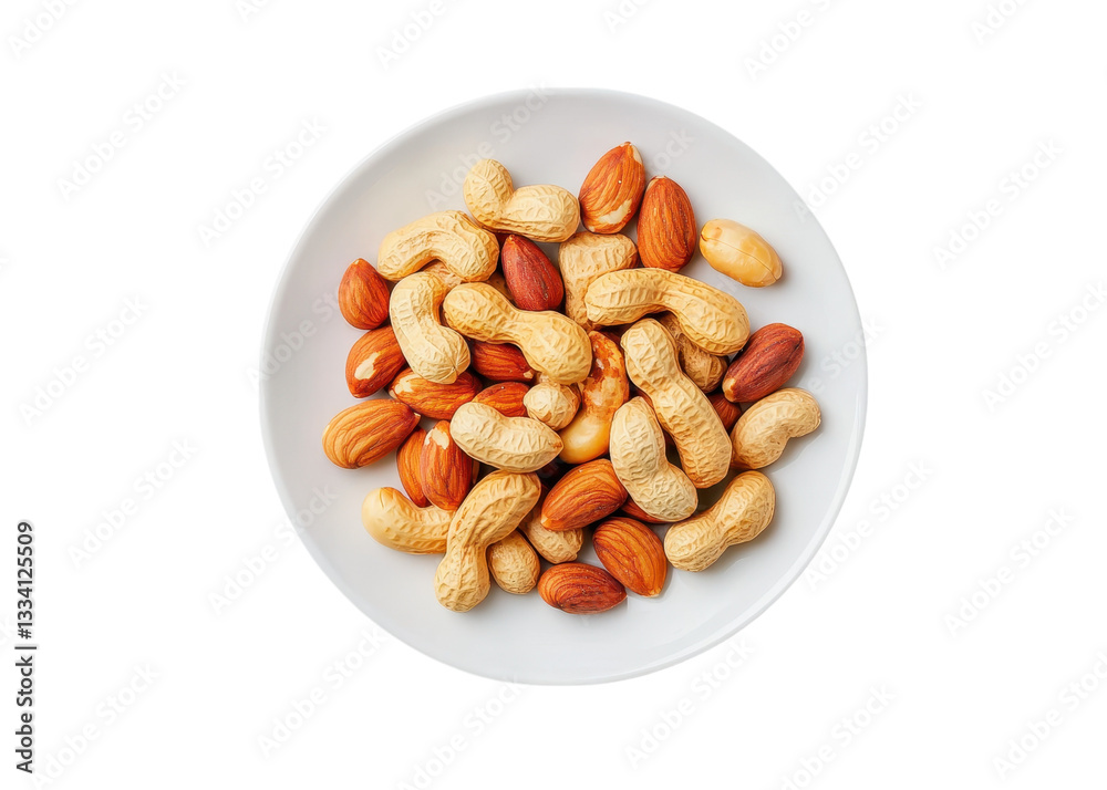 Overhead shot of peanuts and almonds on a white plate against a transparent background. Healthy snack. Overhead shot of peanuts and almonds on a white plate against a transparent background. Healthy snack.