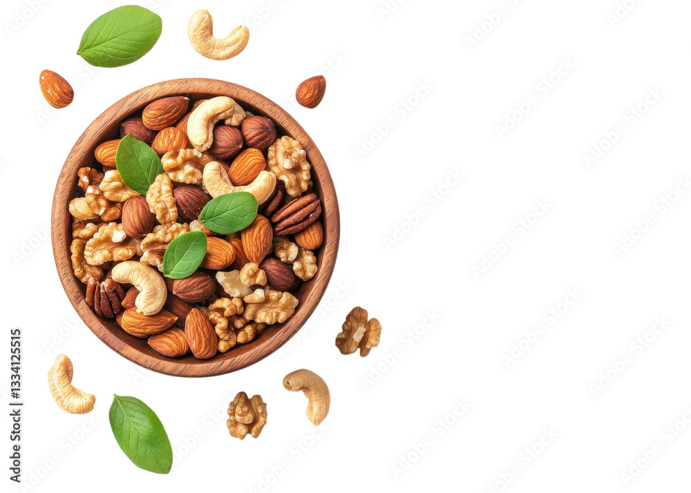 Mixed nuts in a wooden bowl on a transparent background. Healthy snack concept. Mixed nuts in a wooden bowl on a transparent background. Healthy snack concept.