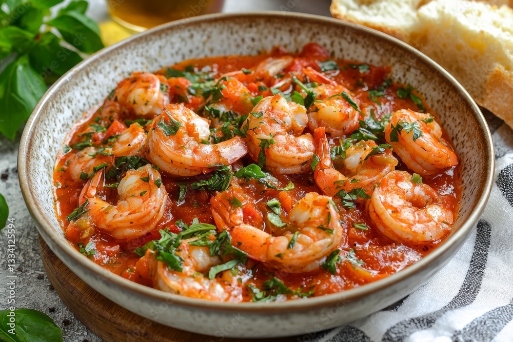 Delicious sauteed shrimp in a flavorful tomato sauce, garnished with fresh herbs and served with crusty bread for dipping Delicious sauteed shrimp in a flavorful tomato sauce, garnished with fresh herbs and served with crusty bread for dipping