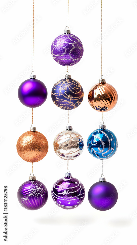 Nine colorful Christmas baubles arranged in a triangle on strings against a white background Nine colorful Christmas baubles arranged in a triangle on strings against a white background