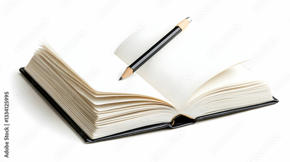 Fototapeta premium Open blank notebook with pencil, ready for writing or drawing