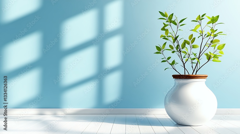 Green Plant in White Pot Against Light Blue Wall with Sunlight Green Plant in White Pot Against Light Blue Wall with Sunlight