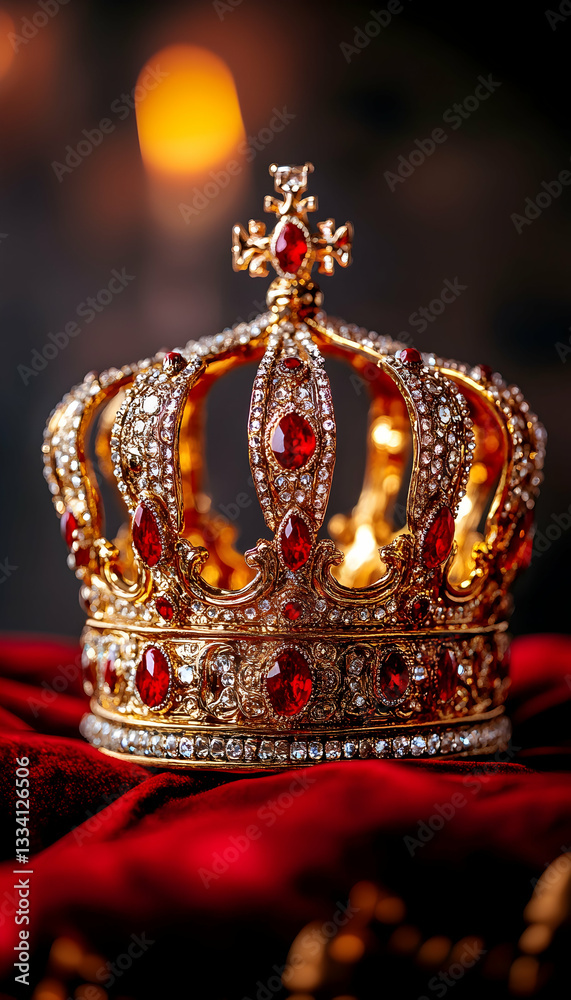 Fototapeta premium Ornate gold crown with red jewels rests on red velvet