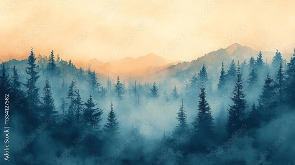 Obraz premium A dreamy foggy forest with mist and trees in a serene mountain setting. Generative AI