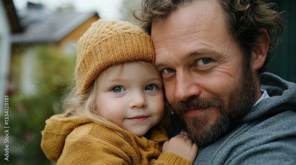 Obraz premium A father, holding a young child posing in a residential street with houses in the background. 