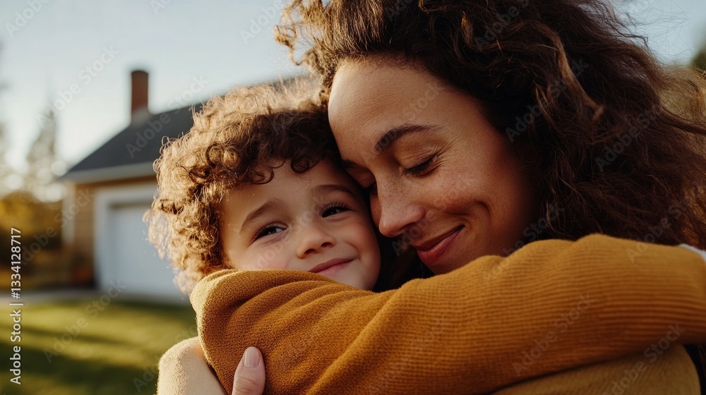 Obraz premium A woman and a child hugging each other outdoors during daylight.