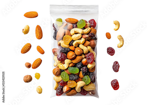 Trail mix in a plastic bag on a transparent background. Contains nuts, dried fruit, and candied fruit. Healthy snack.