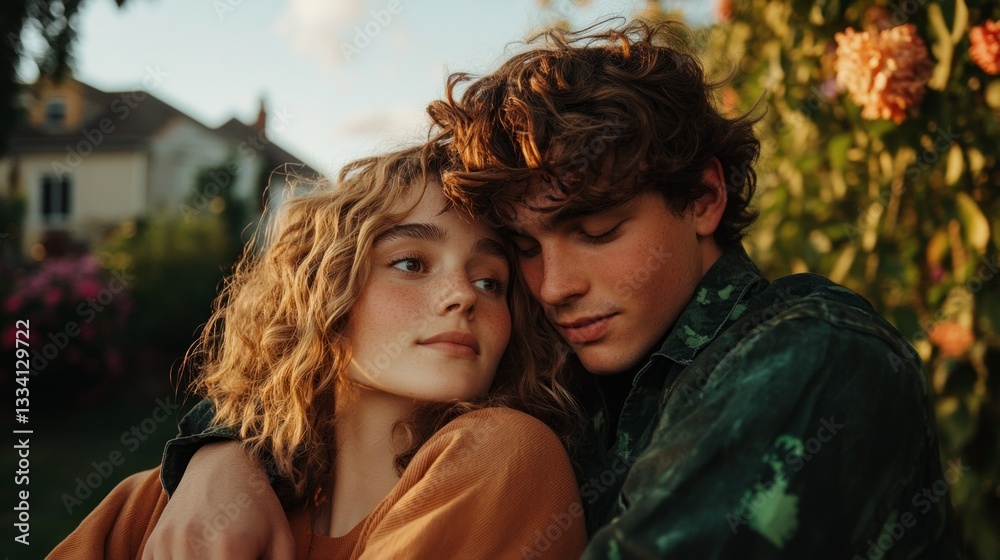 Fototapeta premium Two people embracing in a garden setting at sunset.