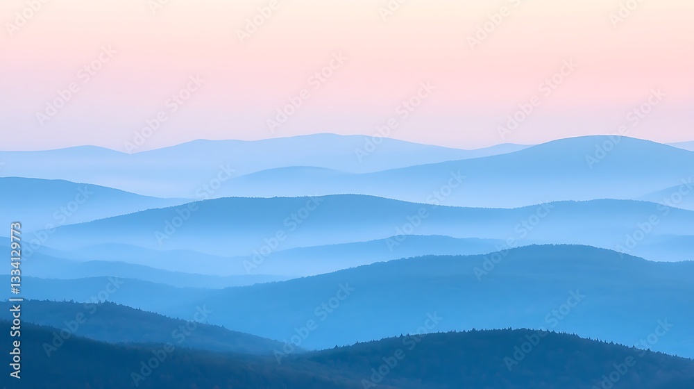 A misty mountain range with layers of hills fading into the distance, bathed in the soft light of dawn A misty mountain range with layers of hills fading into the distance, bathed in the soft light of dawn