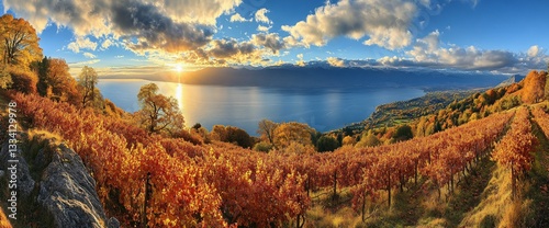 Breathtaking Autumnal Vista, Lake Geneva, Vineyards, and Swiss Alps Panorama