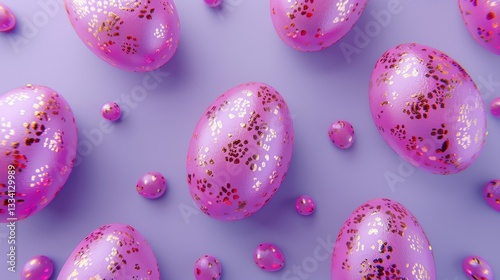 Elegant arrangement of glittering pink ellipsoid shapes on a muted lilac background, evoking celebratory and decorative feelings with playful distribution