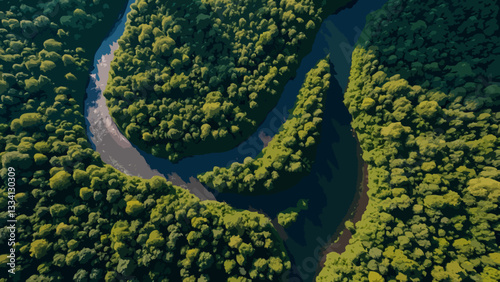 Aerial view of a river in a forest