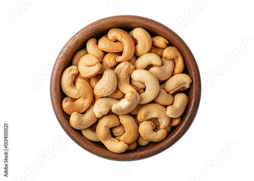 Roasted cashews in a wooden bowl on a transparent background. Healthy snack concept.