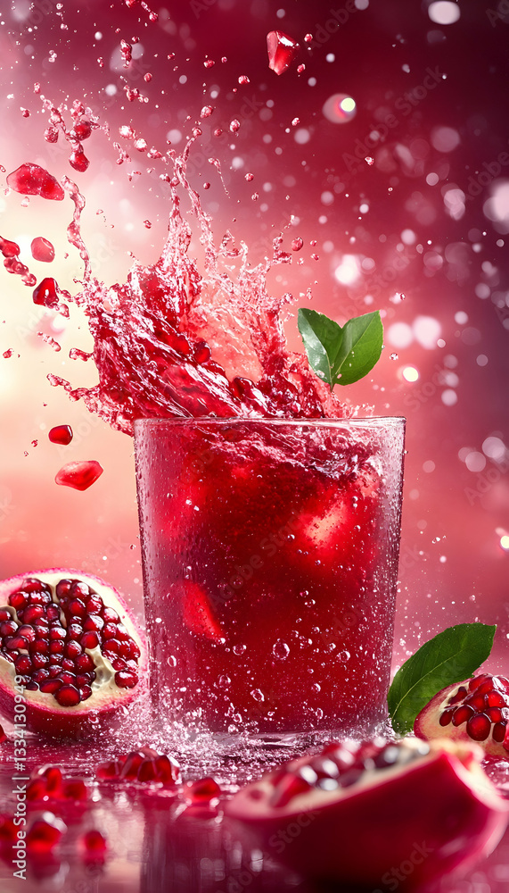 Refreshing pomegranate juice splash in glass with fruit Refreshing pomegranate juice splash in glass with fruit