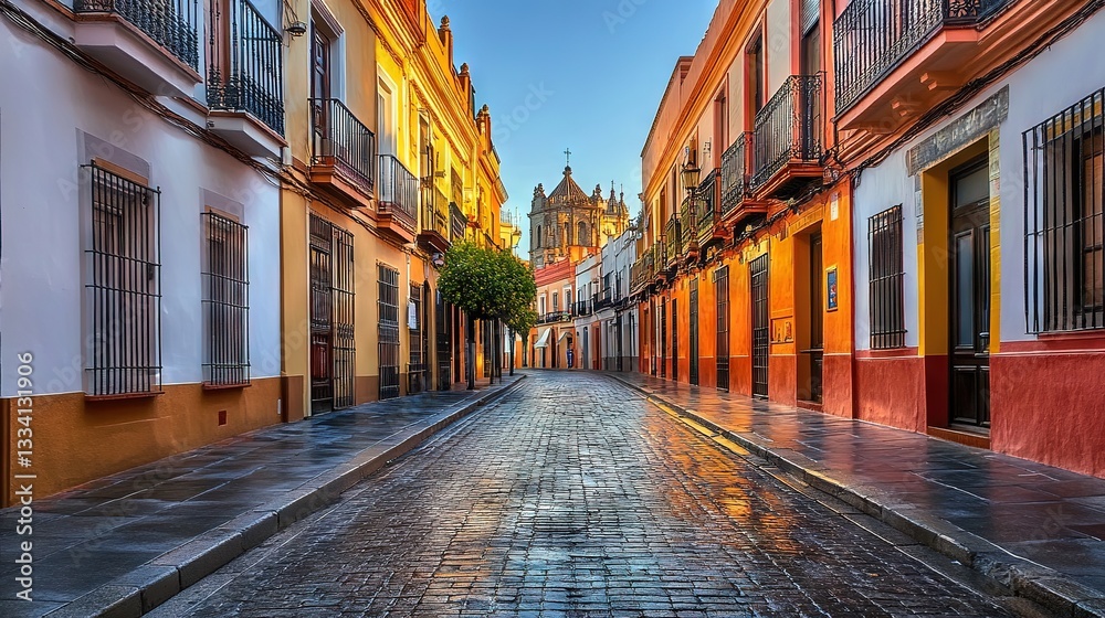 Seville Streetscape Photo: Los Angeles, Spain Scene with Cobblestone Street, Balconied Buildings, White-Framed Windows, Dark Metal and Wooden Doors, Blue Sky, Golden Hour Lighting, Wet Asphalt Surface Seville Streetscape Photo: Los Angeles, Spain Scene with Cobblestone Street, Balconied Buildings, White-Framed Windows, Dark Metal and Wooden Doors, Blue Sky, Golden Hour Lighting, Wet Asphalt Surface