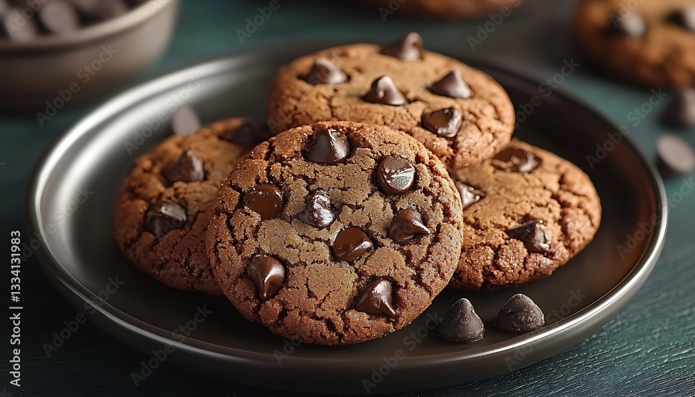 Delicious chocolate chip cookies arranged on a dark colored plate Delicious chocolate chip cookies arranged on a dark colored plate