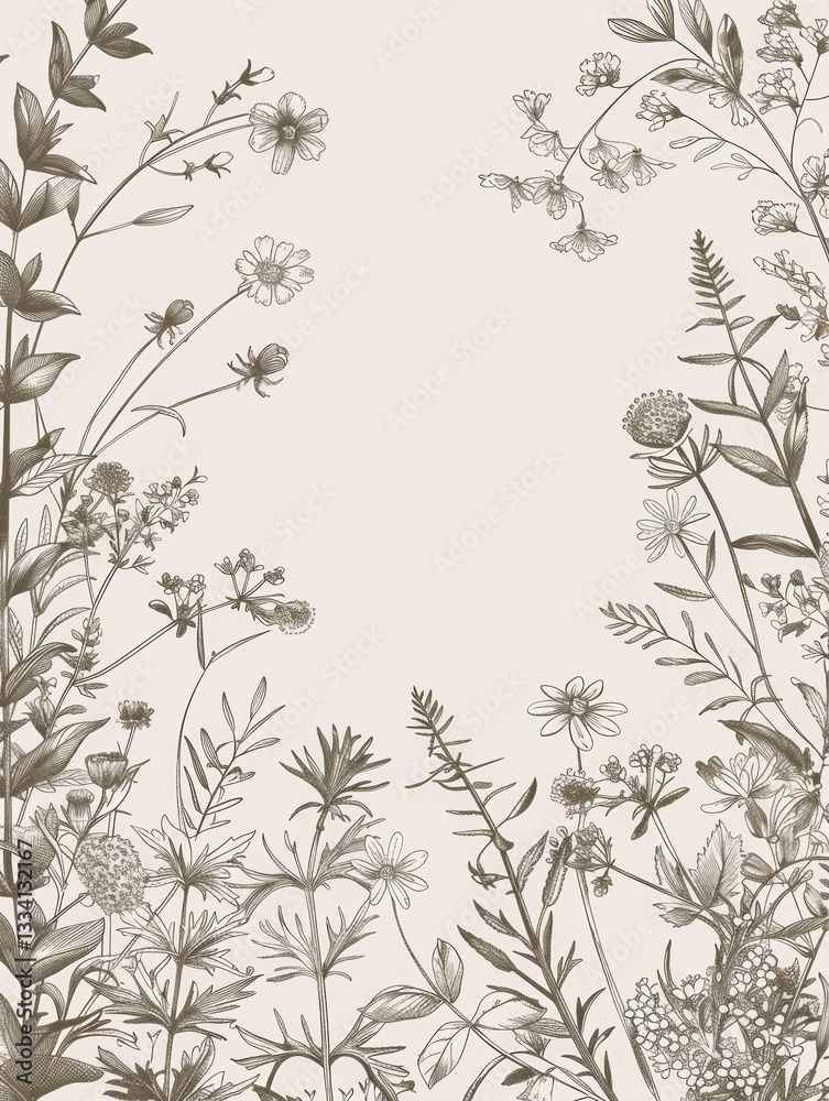 Elegant hand-drawn floral frame with delicate meadow flowers, herbs, branches, and plants in line art illustration Elegant hand-drawn floral frame with delicate meadow flowers, herbs, branches, and plants in line art illustration