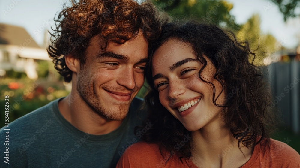 A young couple embracing joyously under a clear sky. A young couple embracing joyously under a clear sky.
