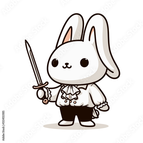 Cartoon bunny in medieval costume with sword. Vector illustration ideal for gaming characters, fantasy stories, and historical themed children's content.