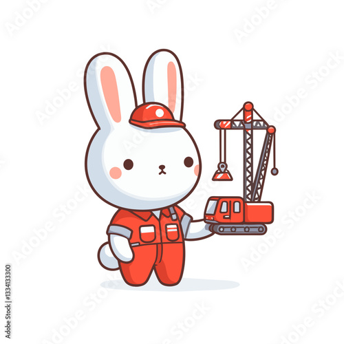 Construction worker bunny in orange uniform with crane. Vector illustration ideal for building projects, infrastructure development, and engineering concepts.