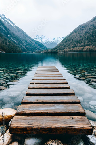 Serene mountain lake view with wooden dock