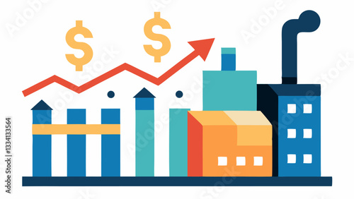 Factory Costs An illustration of a factory with dollar signs flowing into it as inputs and a red arrow pointing towards increasing operational costs depicting how tariffs raise