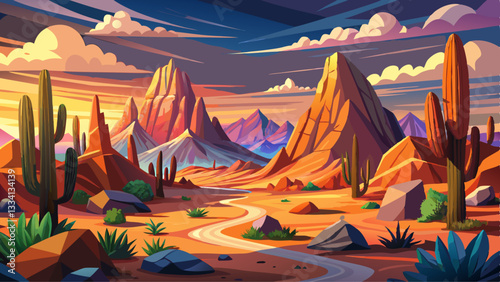 A stunning desert landscape with majestic mountains and vibrant cacti