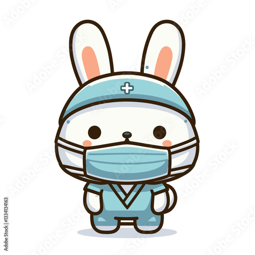 Medical bunny doctor with face mask and scrubs. Vector illustration for healthcare education and pandemic awareness.