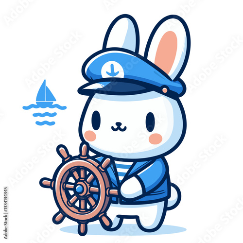 Cartoon sailor rabbit in blue uniform with ship wheel. Ideal for nautical themes, maritime children's content or sailing adventure concepts.