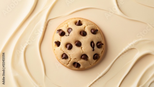 Gourmet Chocolate Chip Cookie on Creamy Swirl – Irresistible Dessert Photography