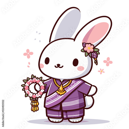 Cute cartoon bunny in traditional kimono holding award. Vector illustration for graduation celebrations, achievement concepts or ceremonial events.