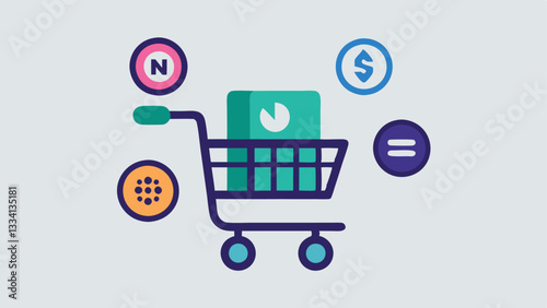Ecommerce Platform A shopping cart icon filled with digital assets like NFTs and cryptocurrencies highlighting the emergence of online marketplaces for these digital goods.