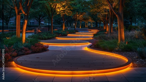 Enchanting evening ambiance with a meandering wooden walkway illuminated by vibrant orange lights, guiding through a serene park landscape with lush trees and verdant foliage