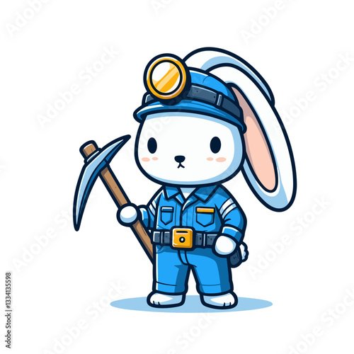 Miner bunny in blue uniform with pickaxe and helmet. Vector illustration for mining industry and resource extraction themes.