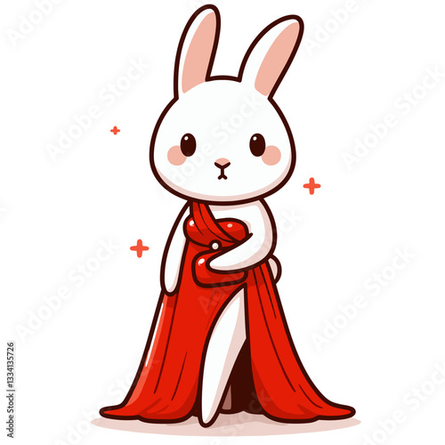 Elegant cartoon rabbit in luxurious red gown with sparkles. Ideal for fashion event promotion, glamour concepts or celebrity style illustrations.