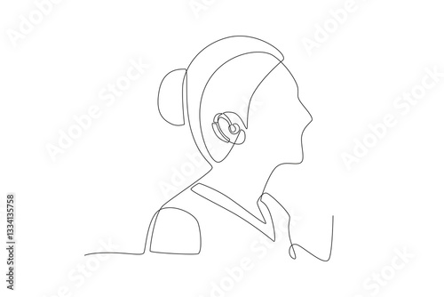 Woman wearing hearing aid. Hearing aids concept one-line drawing