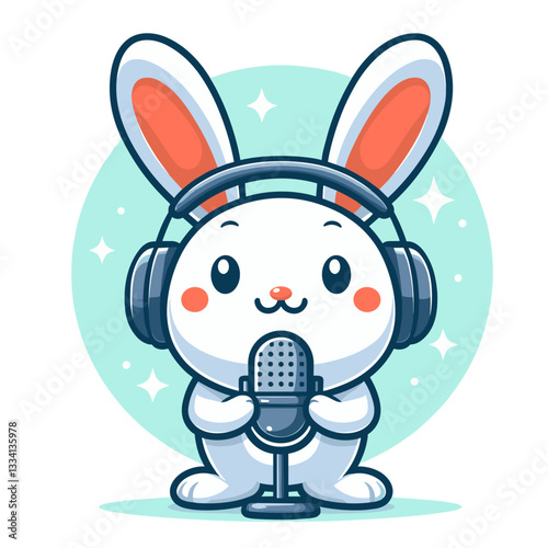 Cute cartoon bunny radio host with headphones and microphone on turquoise background. Vector illustration perfect for broadcasting, podcast, or audio content creation concepts.