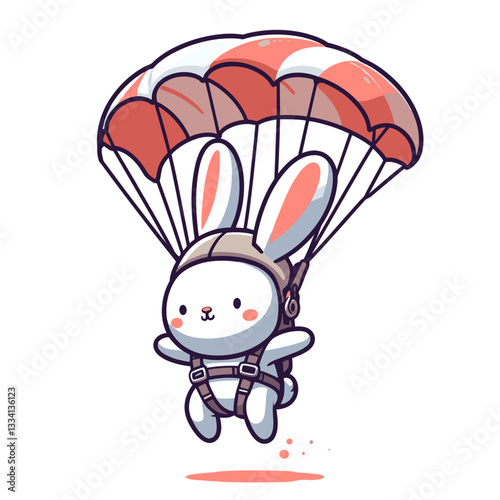 Cartoon bunny parachutist with red parachute descending through air. Vector illustration ideal for extreme sports, adventure activities, or military paratrooper concept designs.