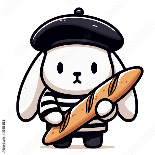 Cartoon bunny French baker in striped shirt and beret holding baguette. Vector illustration ideal for bakery business, culinary arts, or European cultural concept designs.