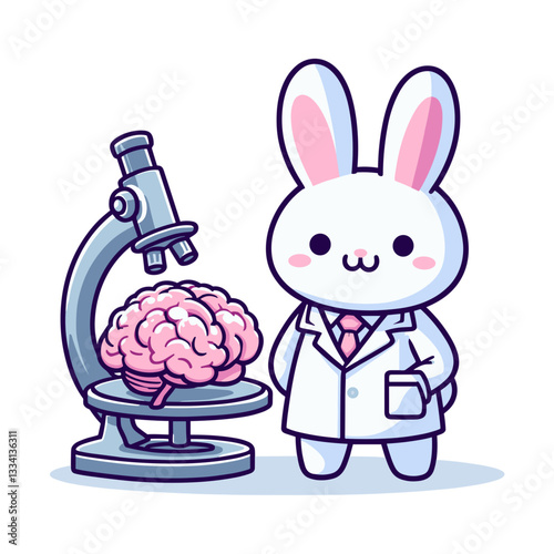 Scientist bunny in lab coat with microscope and brain specimen on transparent background. Vector illustration for neuroscience, research, or educational science content.